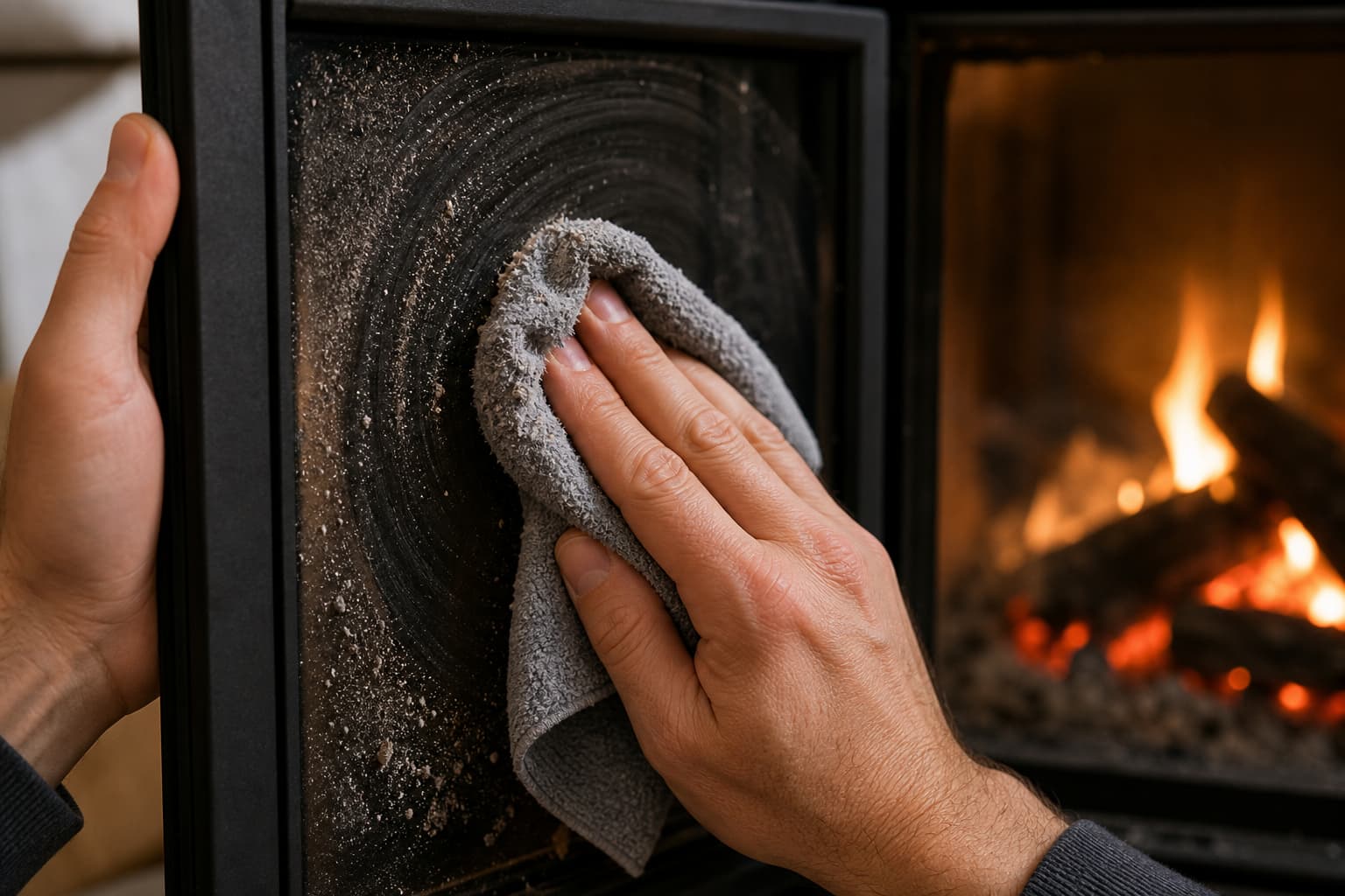 Gros plan sur des mains frottant une vitre de cheminée avec un chiffon en microfibre humide saupoudré de cendre de bois, dans un éclairage chaleureux.