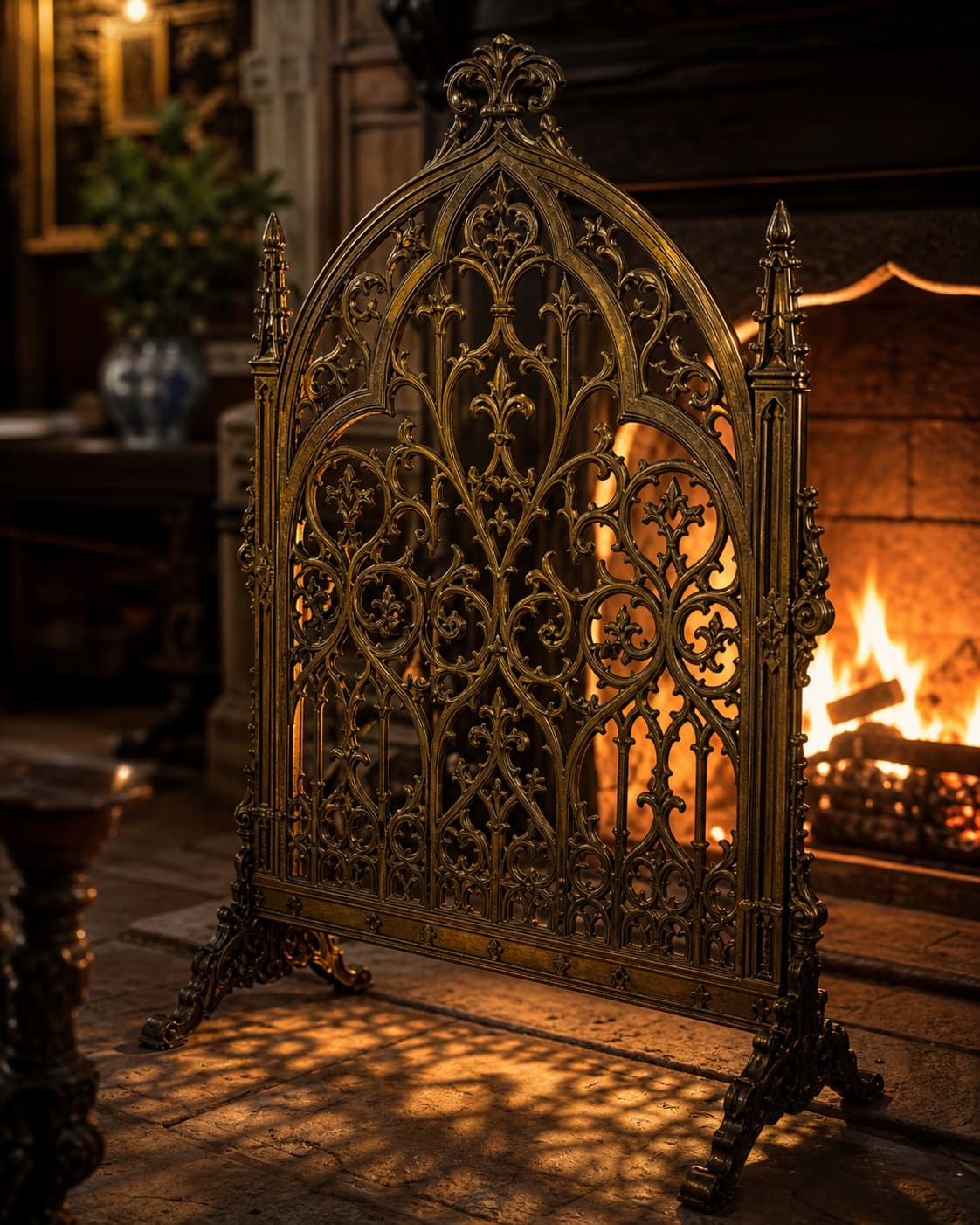 Un pare-feu décoratif ancien en laiton avec des motifs gothiques ajourés se tient devant un foyer allumé dans un intérieur classique.