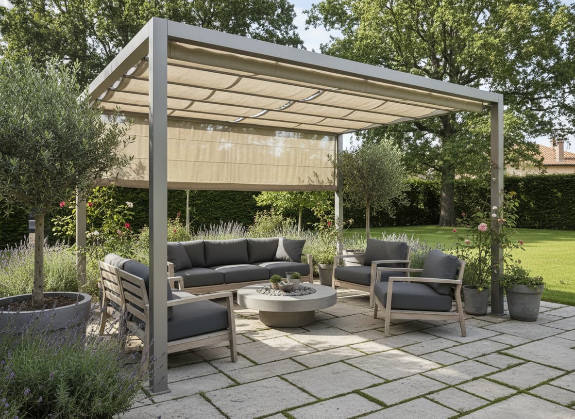 Pergola en aluminium avec toit en toile beige clair à moitié retiré, installée dans un jardin résidentiel à Lyon, avec un salon de jardin cosy.