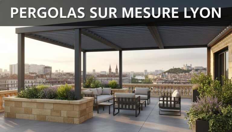 Une pergola bioclimatique contemporaine en aluminium installée sur une grande terrasse avec vue sur la ville de Lyon baignée par la lumière du soleil couchant.