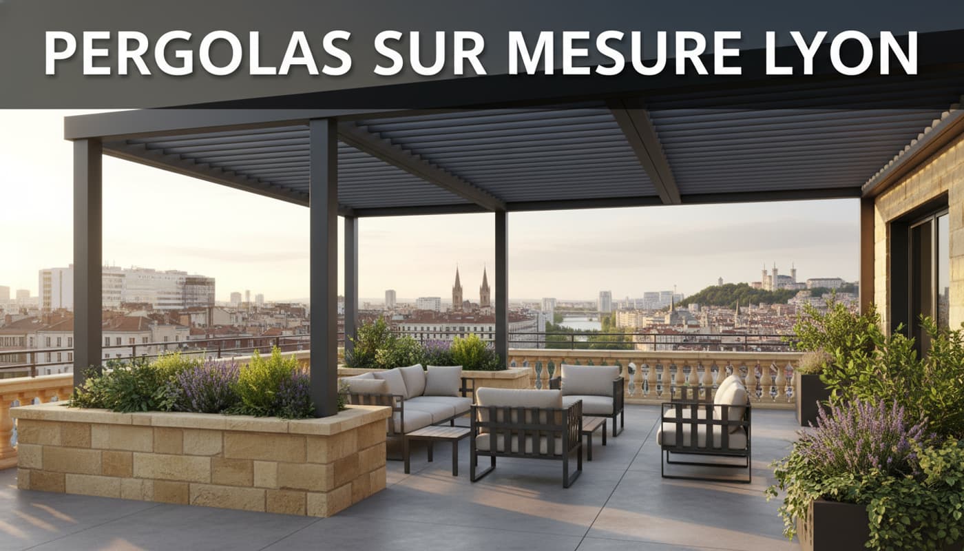 Une pergola bioclimatique contemporaine en aluminium installée sur une grande terrasse avec vue sur la ville de Lyon baignée par la lumière du soleil couchant.
