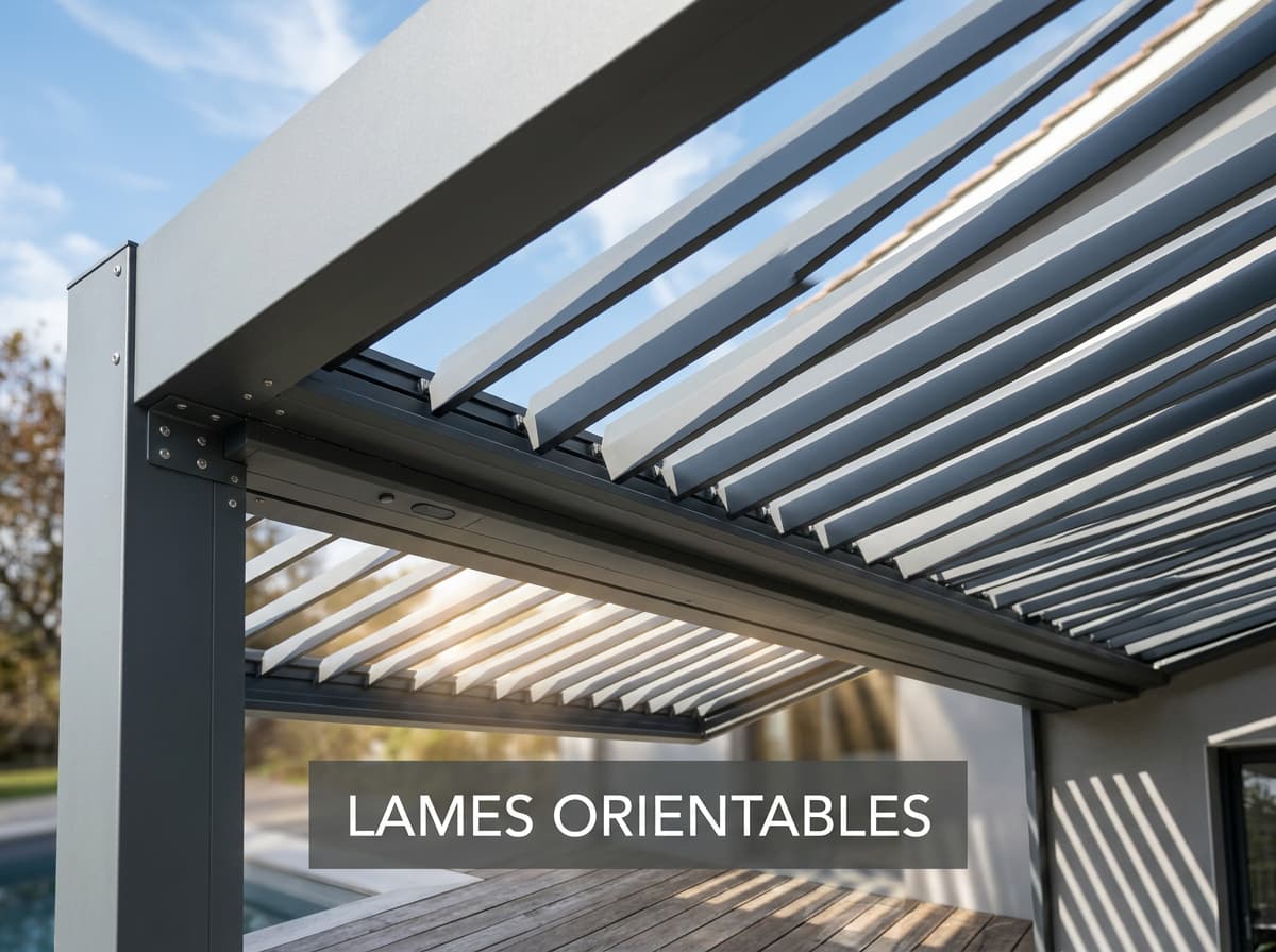 Gros plan architectural d'une pergola bioclimatique en aluminium gris aux lames orientables motorisées partiellement ouvertes laissant passer des rayons de soleil, avec le texte 'LAMES ORIENTABLES' superposé en blanc sur un fond sombre semi-transparent.