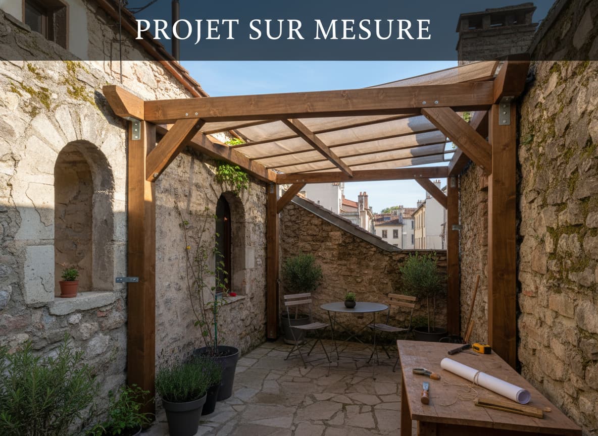 Pergola en bois sur mesure installée sur une terrasse étroite bordée de vieux murs en pierre, dans le quartier de la Croix-Rousse à Lyon.