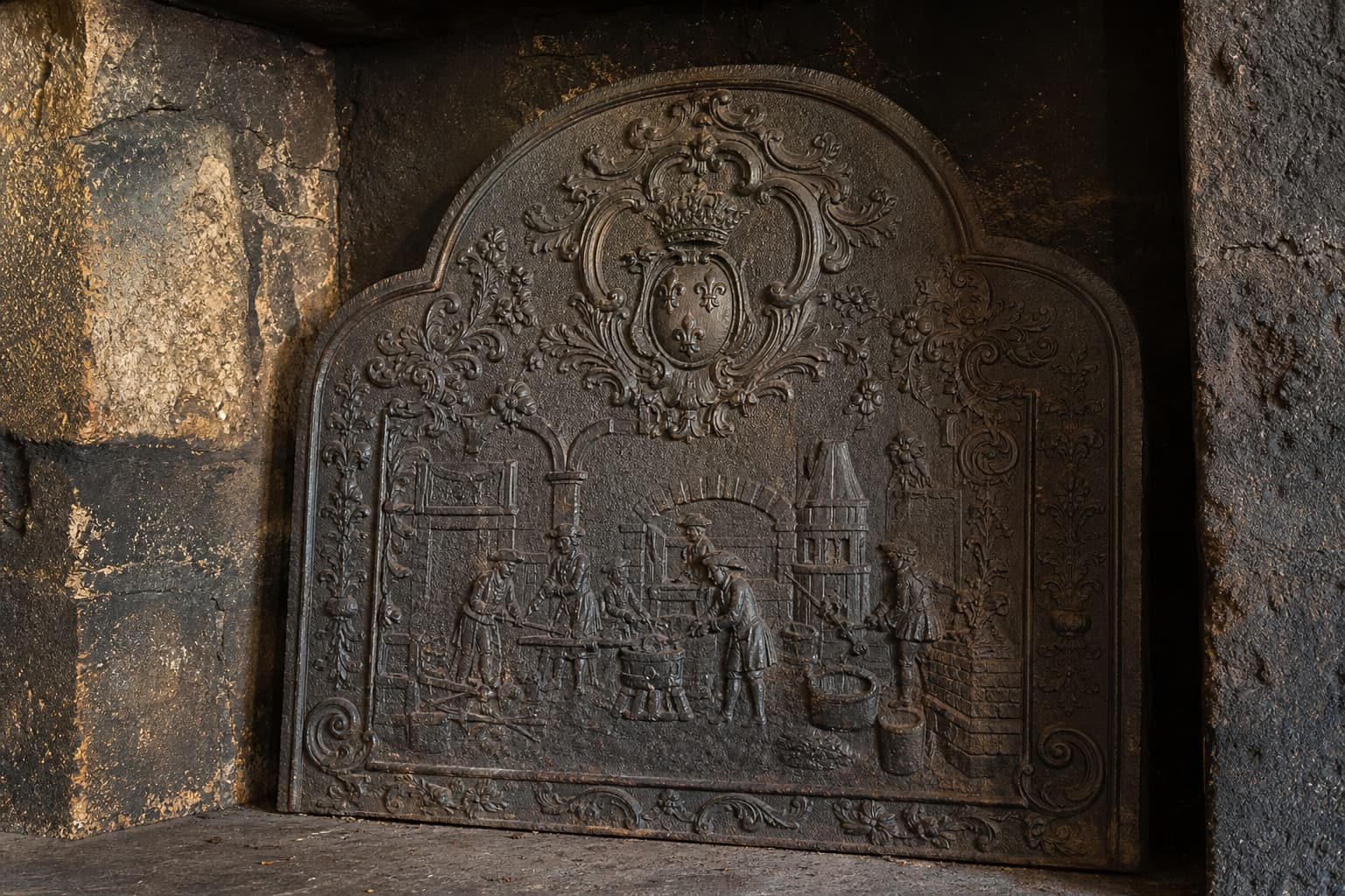 Plaque de cheminée en fonte ancienne au relief décoratif classique, installée dans un âtre en pierre, présentant une patine sombre avec des reflets chauds sous une lumière latérale et vue en perspective.