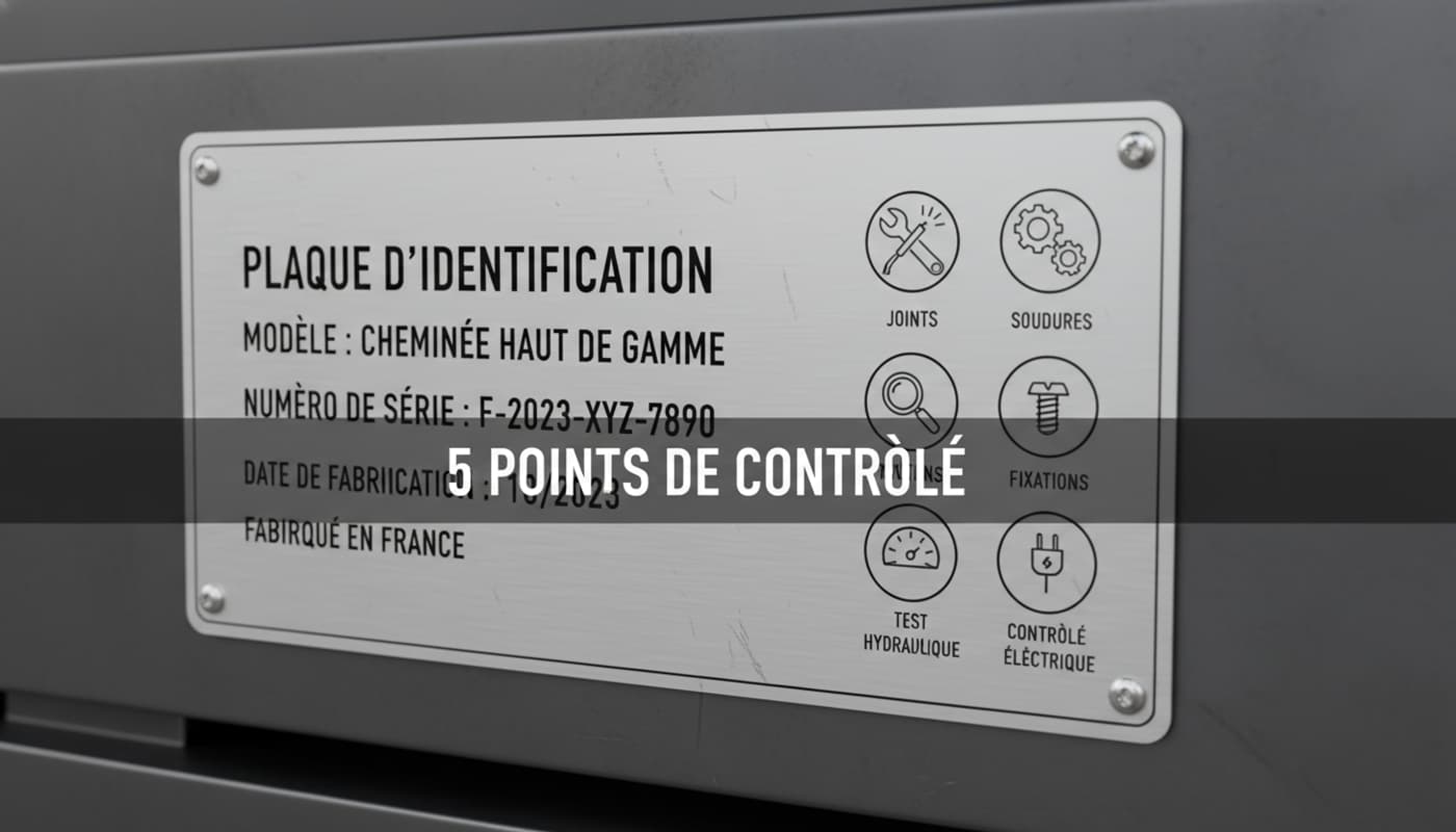 Gros plan sur la plaque d'identification d'un foyer en métal avec un numéro de série, des icônes de points d'inspection et une bannière indiquant '5 points de contrôle'.