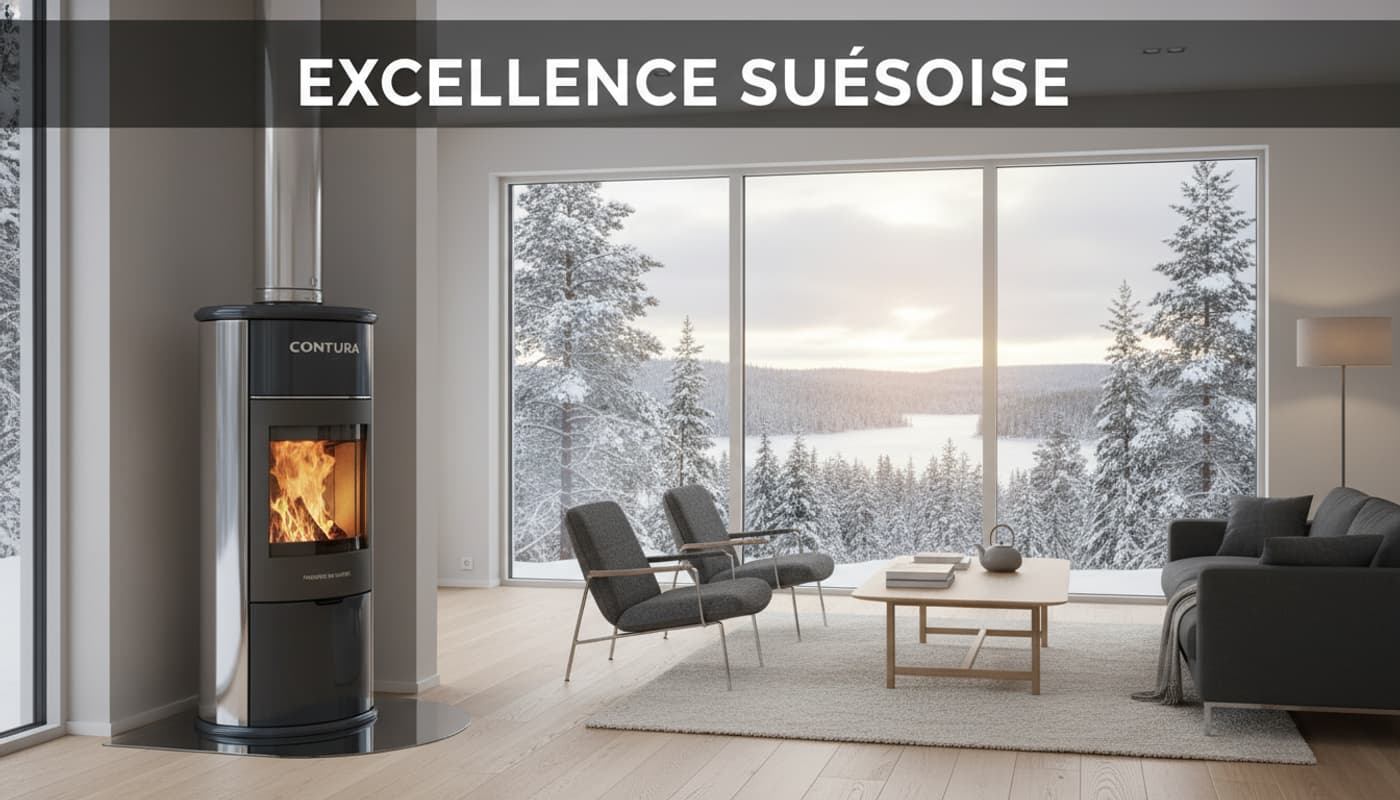 Poêle à bois suédois Contura dans un salon scandinave