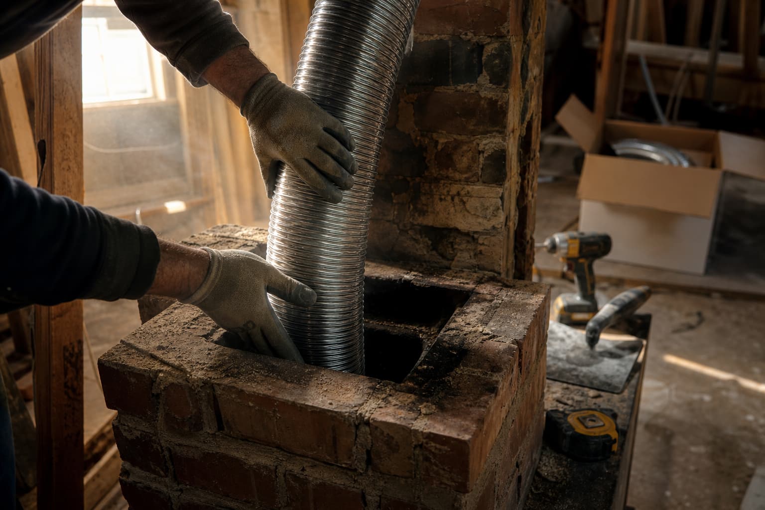 Une main gantée insère un tubage flexible inox dans une vieille cheminée en brique