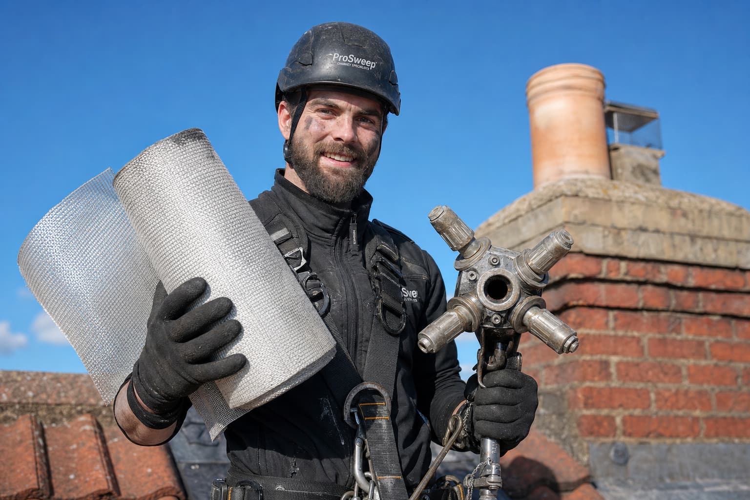Ramoneur professionnel sur un toit résidentiel tenant une gaine composite enroulée et une tête de pulvérisateur de mortier centrifuge, sous un ciel bleu dégagé.