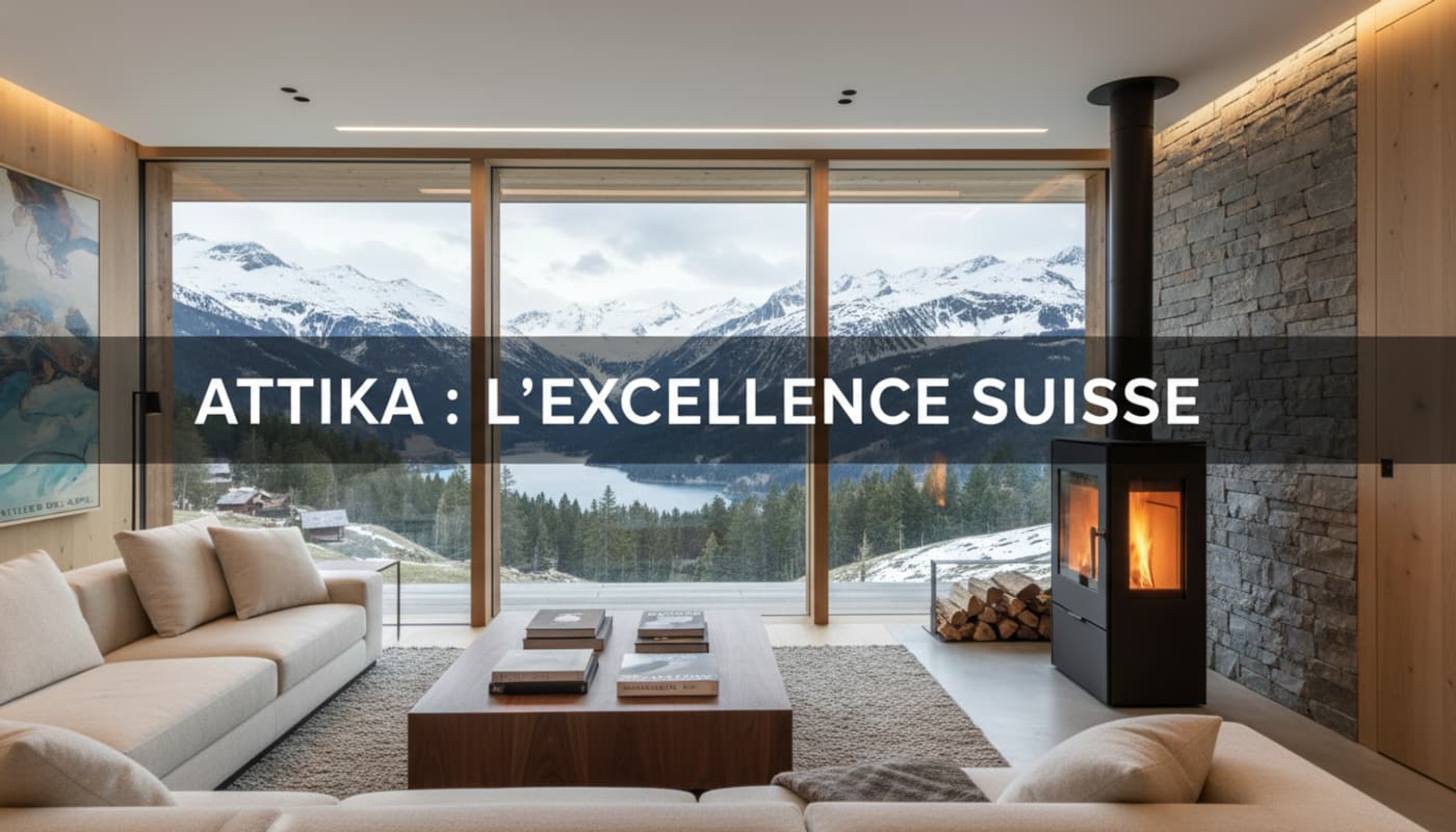 Salon moderne luxueux avec un poêle à bois Attika en pierre au centre, large fenêtre panoramique sur des montagnes enneigées, éclairage chaud, et texte superposé 'ATTIKA : L'EXCELLENCE SUISSE'.