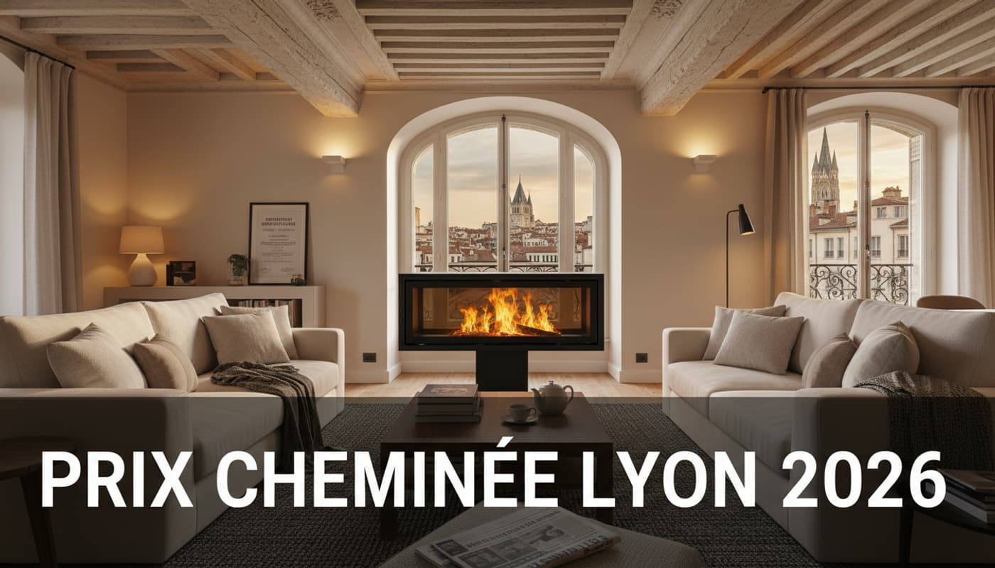 Un salon lumineux avec une cheminée moderne, une vue sur les toits de Lyon, et un bandeau sombre portant le texte 'Prix cheminée Lyon 2026'.