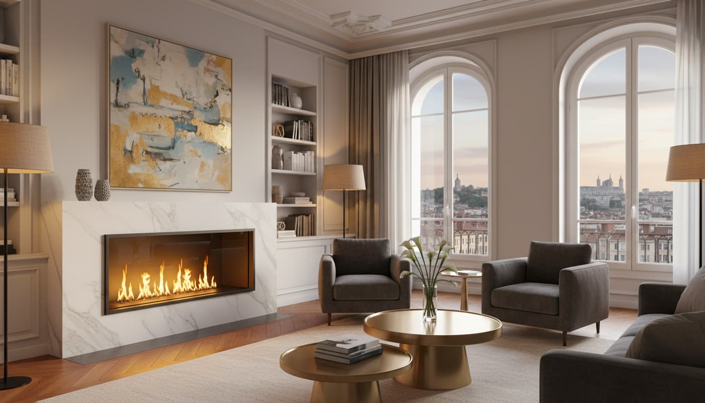 Salon chaleureux aux plafonds hauts, moulures décoratives et grande fenêtre avec vue sur les toits de Lyon, une cheminée à gaz contemporaine encastrée diffuse des flammes dorées réalistes.