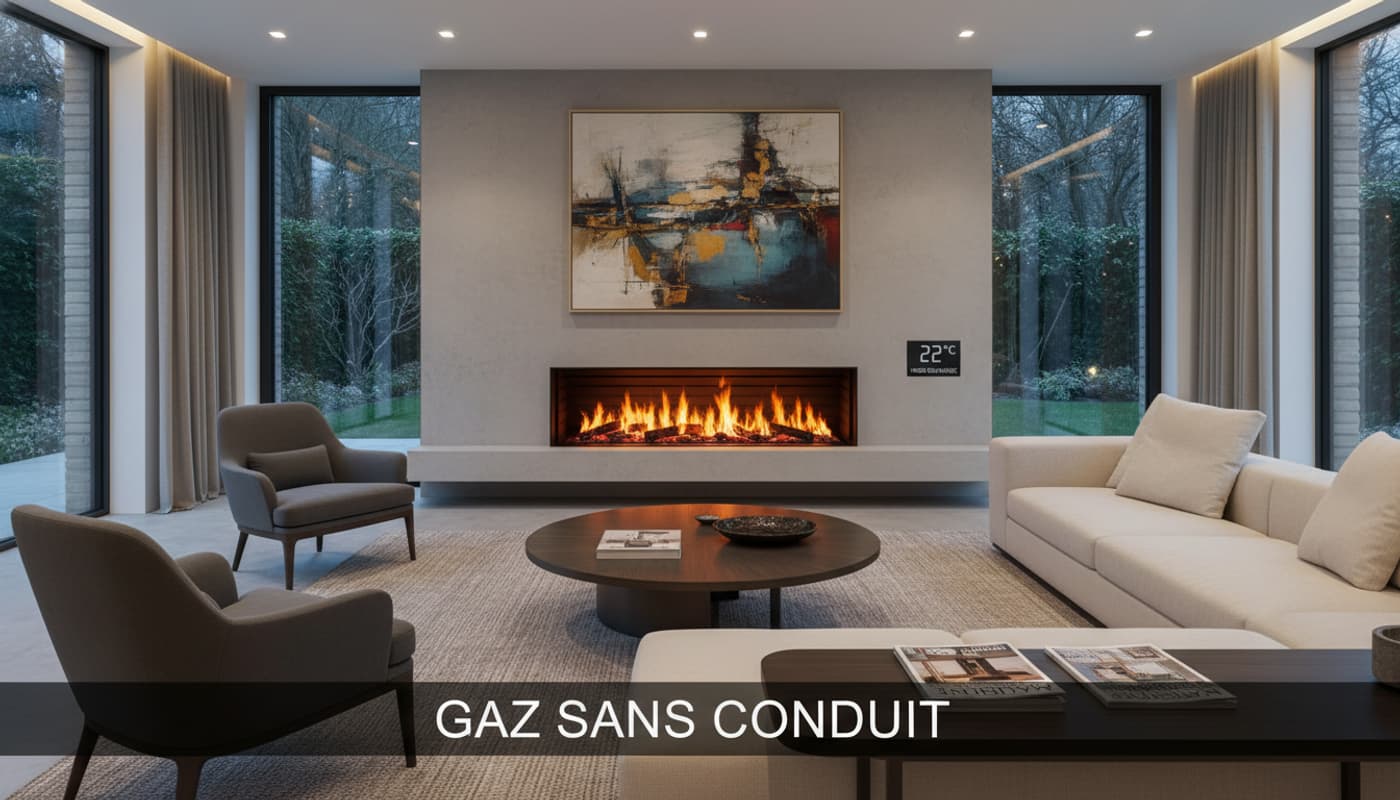 Salon moderne luxueux avec foyer au gaz encastré, grandes fenêtres et texte 'GAZ SANS CONDUIT' superposé en bas.