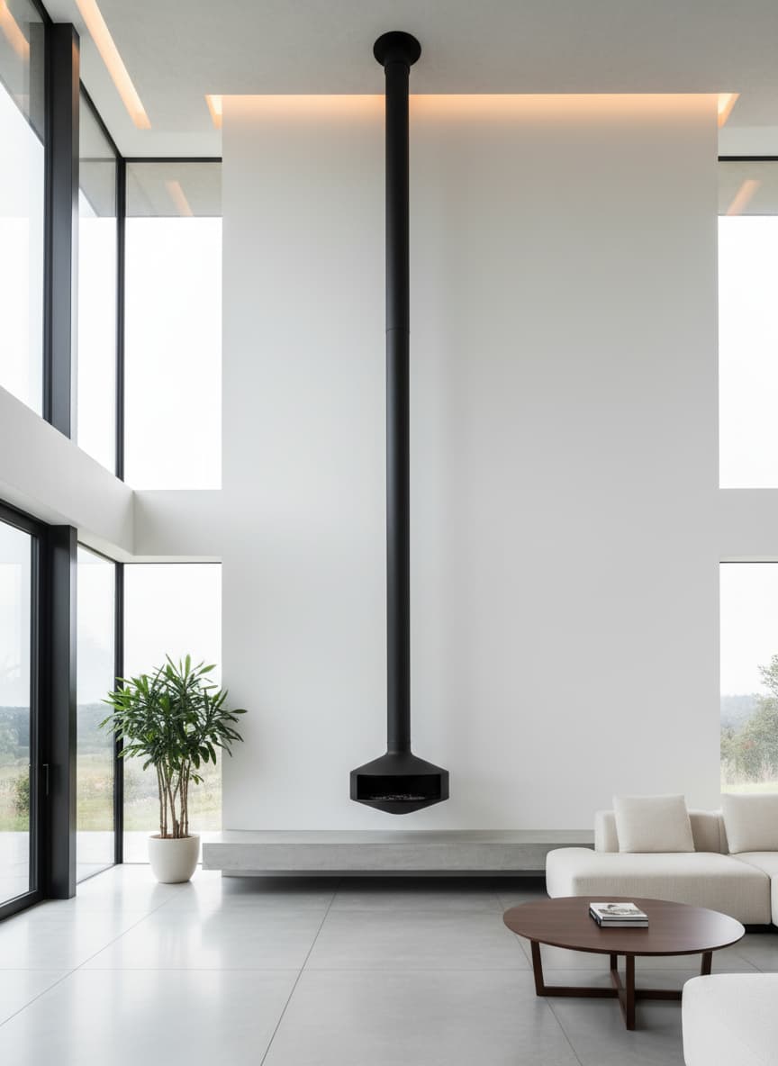 Cheminée cylindrique fine et élancée avec un long conduit de fumée, installée dans un salon à double hauteur aux murs blancs immaculés et à la décoration minimaliste.