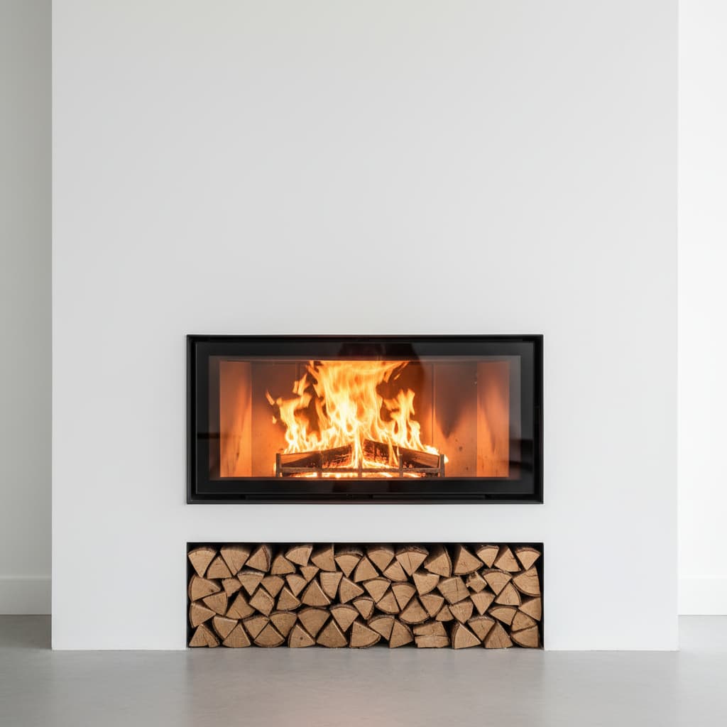 Un grand foyer à bois Stûv 22-90 au cadre métallique minimaliste intégré dans un mur blanc, avec un feu vif derrière la vitre et des bûches empilées en dessous.