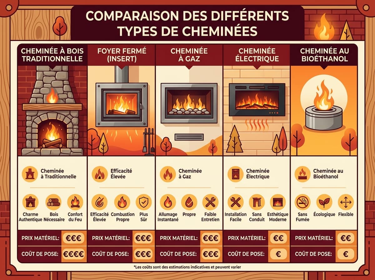 Infographie présentant différents types de foyers avec symboles de coût, incluant les prix des matériaux et les coûts de pose, dans un style éditorial professionnel.