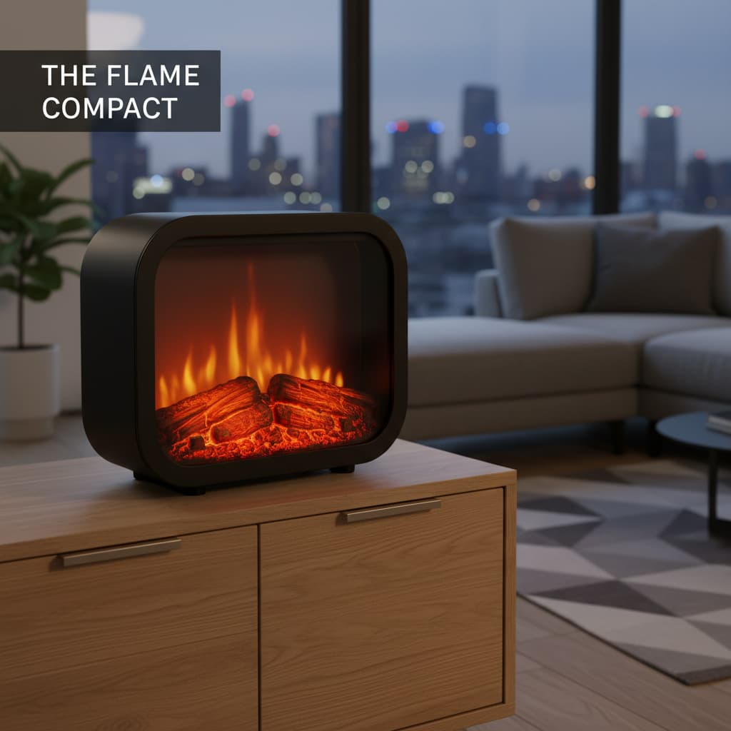 Un foyer électrique compact au design arrondi avec une vitre laissant voir des braises chaudes, posé sur un buffet en bois moderne dans un appartement urbain élégant, avec le texte 'THE FLAME COMPACT' en surimpression.