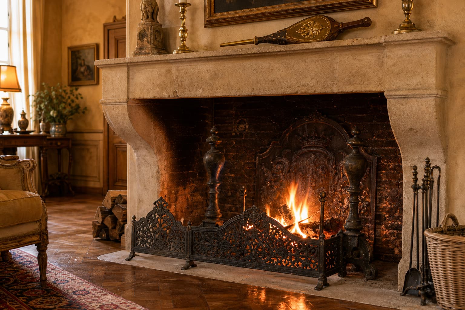 Salon traditionnel français avec une grande cheminée ouverte ornée d