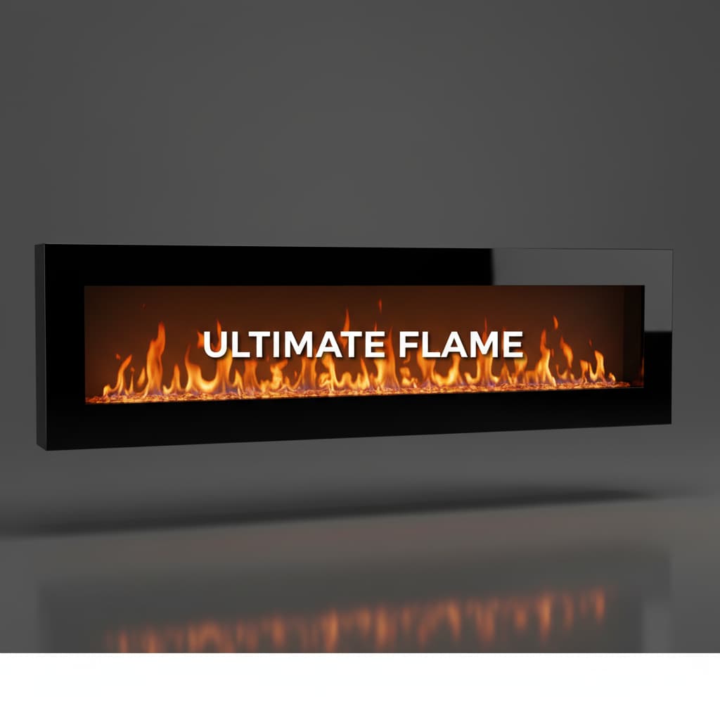 Cheminée électrique linéaire 'Ultimate Flame' avec cadre noir, flammes réalistes et fond gris, texte 'ULTIMATE FLAME' superposé.