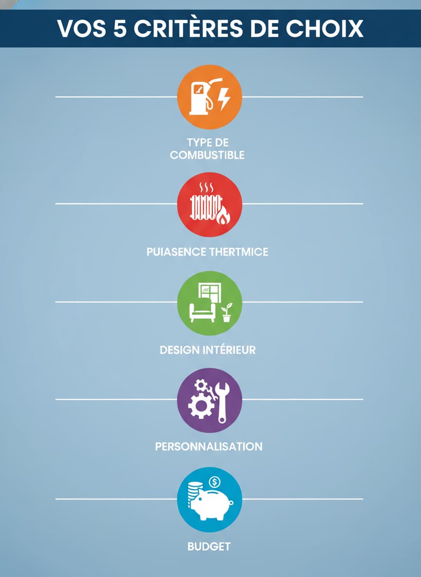 Infographie verticale montrant cinq icônes représentant le type de carburant, la puissance thermique, le design intérieur, la personnalisation et le budget, avec le titre 'VOS 5 CRITÈRES DE CHOIX' en haut.