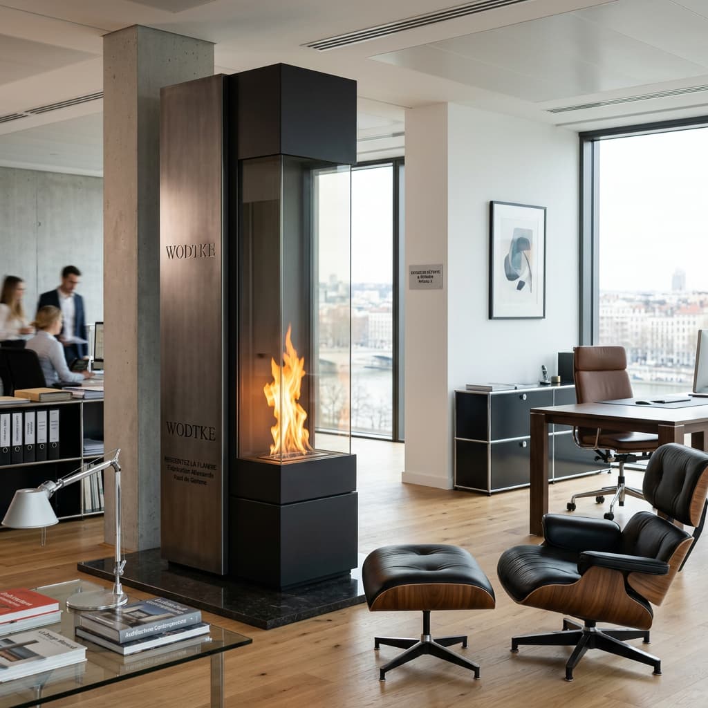 Cheminée verticale en métal et verre avec une flamme nette dans un bureau contemporain au mobilier design.