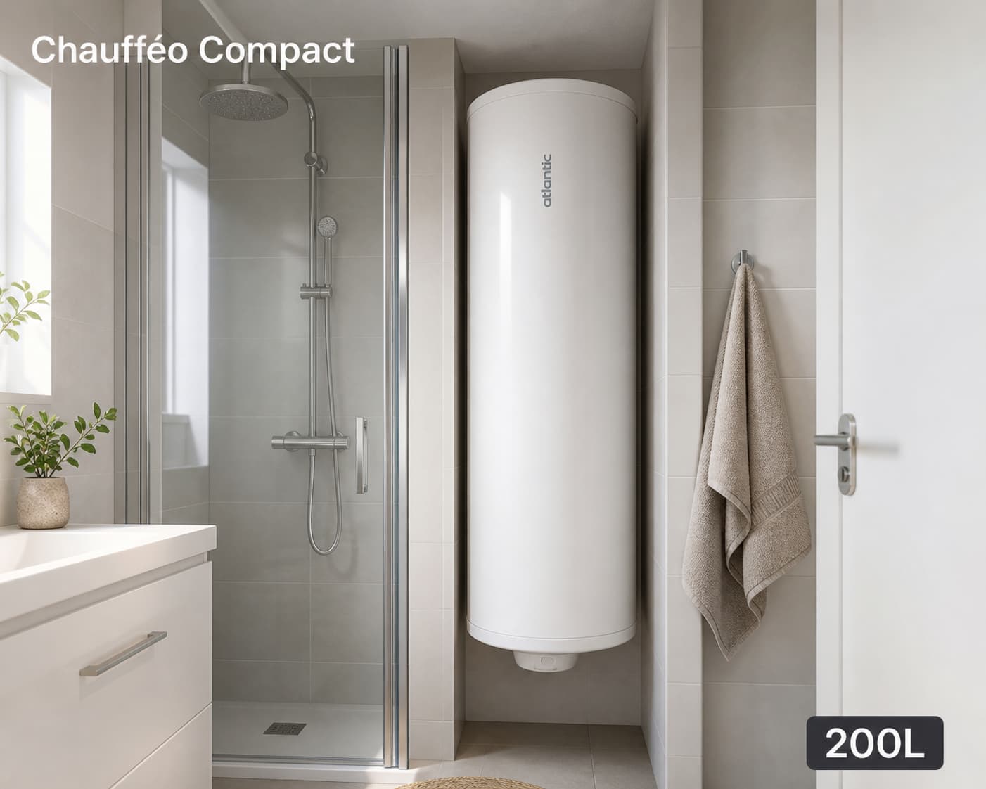 Chauffe-eau vertical compact Atlantic Chaufféo 200L blanc, installé dans un petit espace entre une douche et un mur dans une salle de bain moderne, photographié en grand angle, avec le texte
