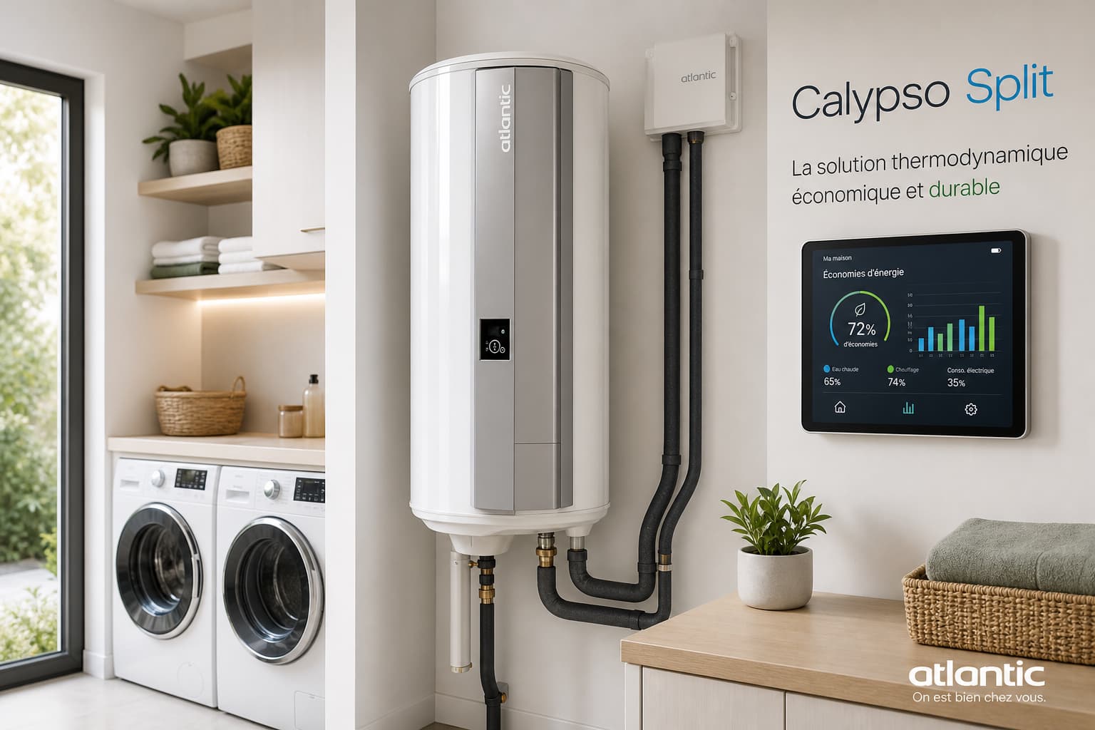 Une buanderie contemporaine avec le chauffe-eau thermodynamique vertical Atlantic Calypso Split, un écran domestique connecté au mur montrant des économies d