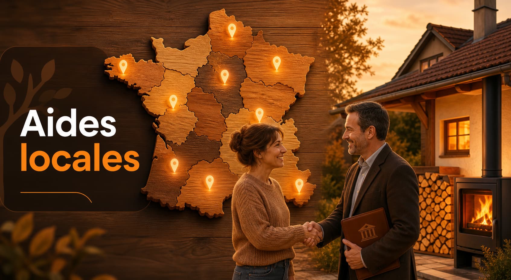 Carte stylisée de la France en bois avec des épingles lumineuses marquant différentes régions, une poignée de main entre un propriétaire et un représentant local au premier plan, une maison et un tas de bois en arrière-plan, couleurs chaudes marron et orange évoquant le chauffage au bois, et le texte