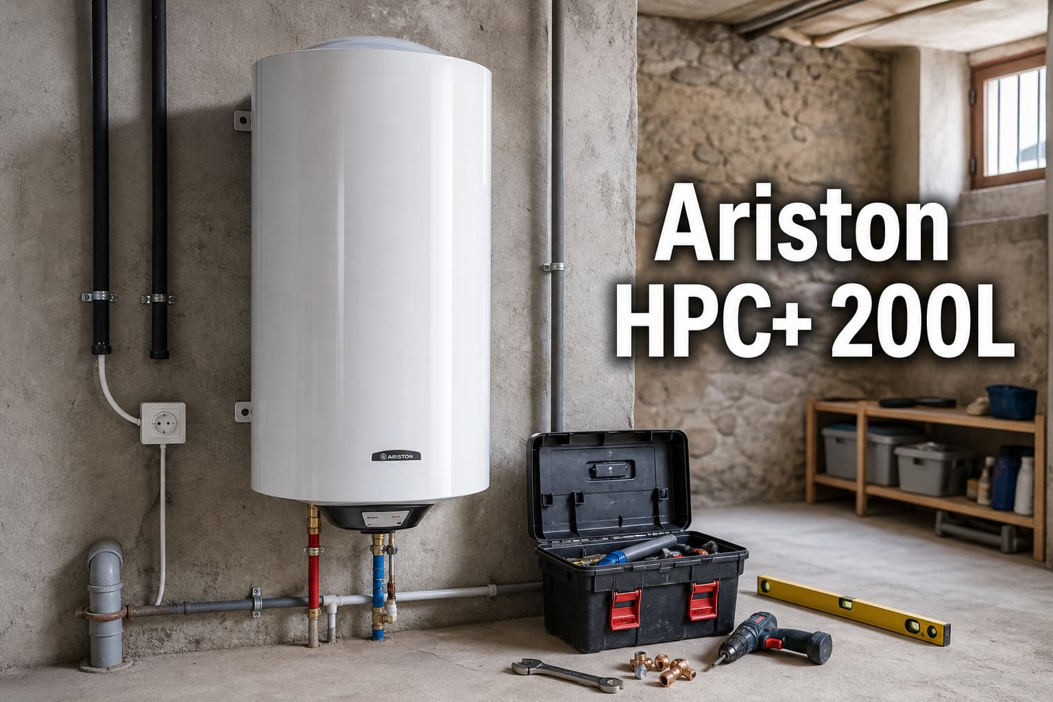 Chauffe-eau vertical blanc Ariston HPC+ 200L avec texte superposé dans un sous-sol, outils à proximité évoquant une installation facile.
