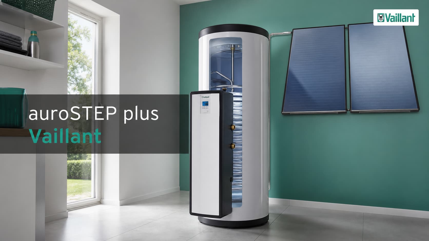 Chauffe-eau solaire Vaillant auroSTEP plus avec réservoir en acier émaillé et unité de contrôle dans une buanderie moderne, éclairage lumineux, composition épurée, et texte superposé