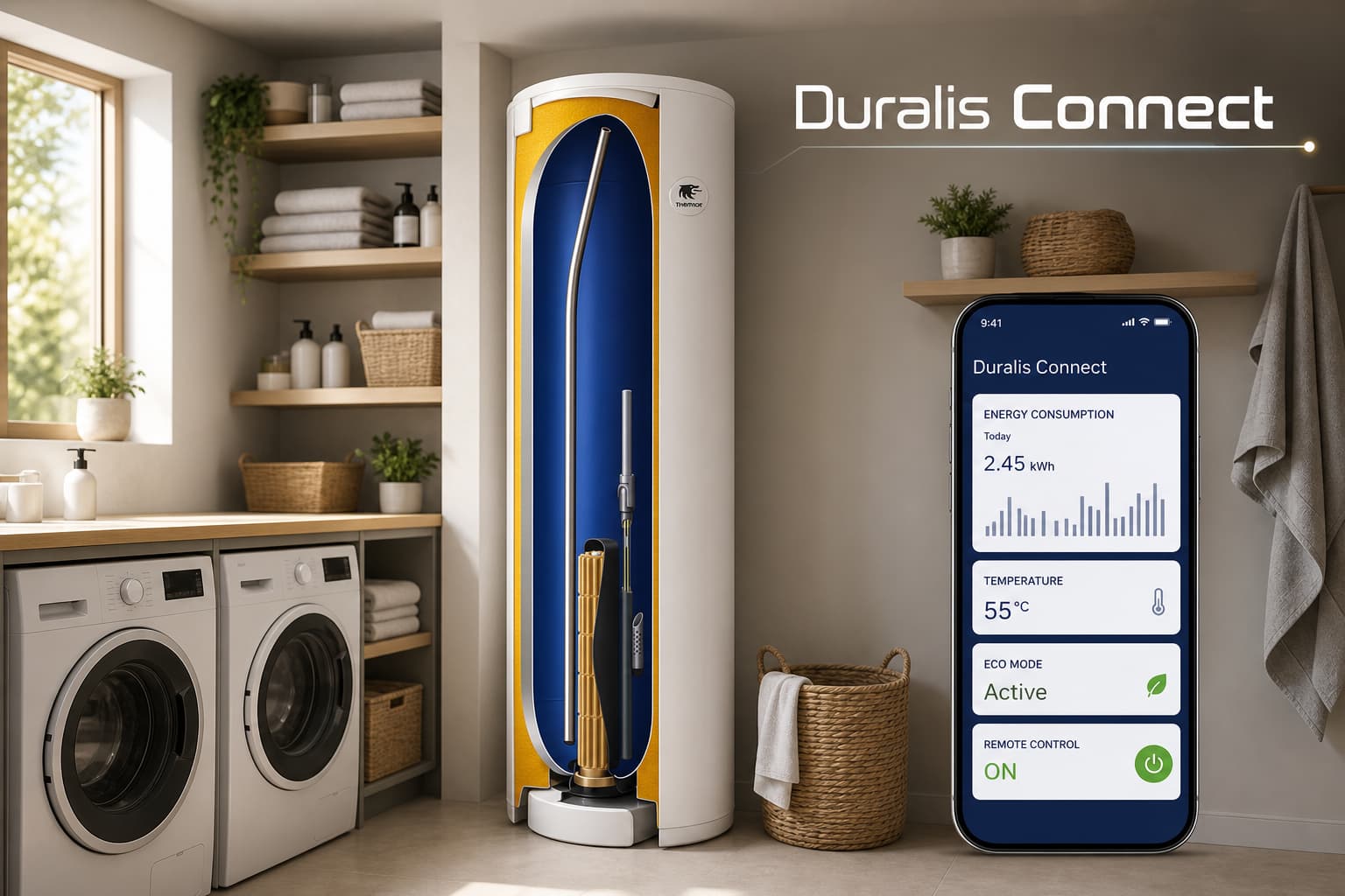 Chauffe-eau Thermor Duralis Connect dans une buanderie moderne bien organisée, avec une application smartphone affichant la consommation d