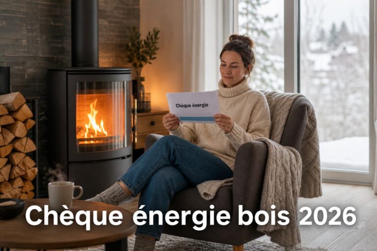 Salon confortable avec un poêle à bois moderne diffusant de la chaleur, une personne assise dans un fauteuil tenant une enveloppe officielle où est inscrit Chèque énergie, lumière hivernale douce à travers une fenêtre avec neige visible à l'extérieur.