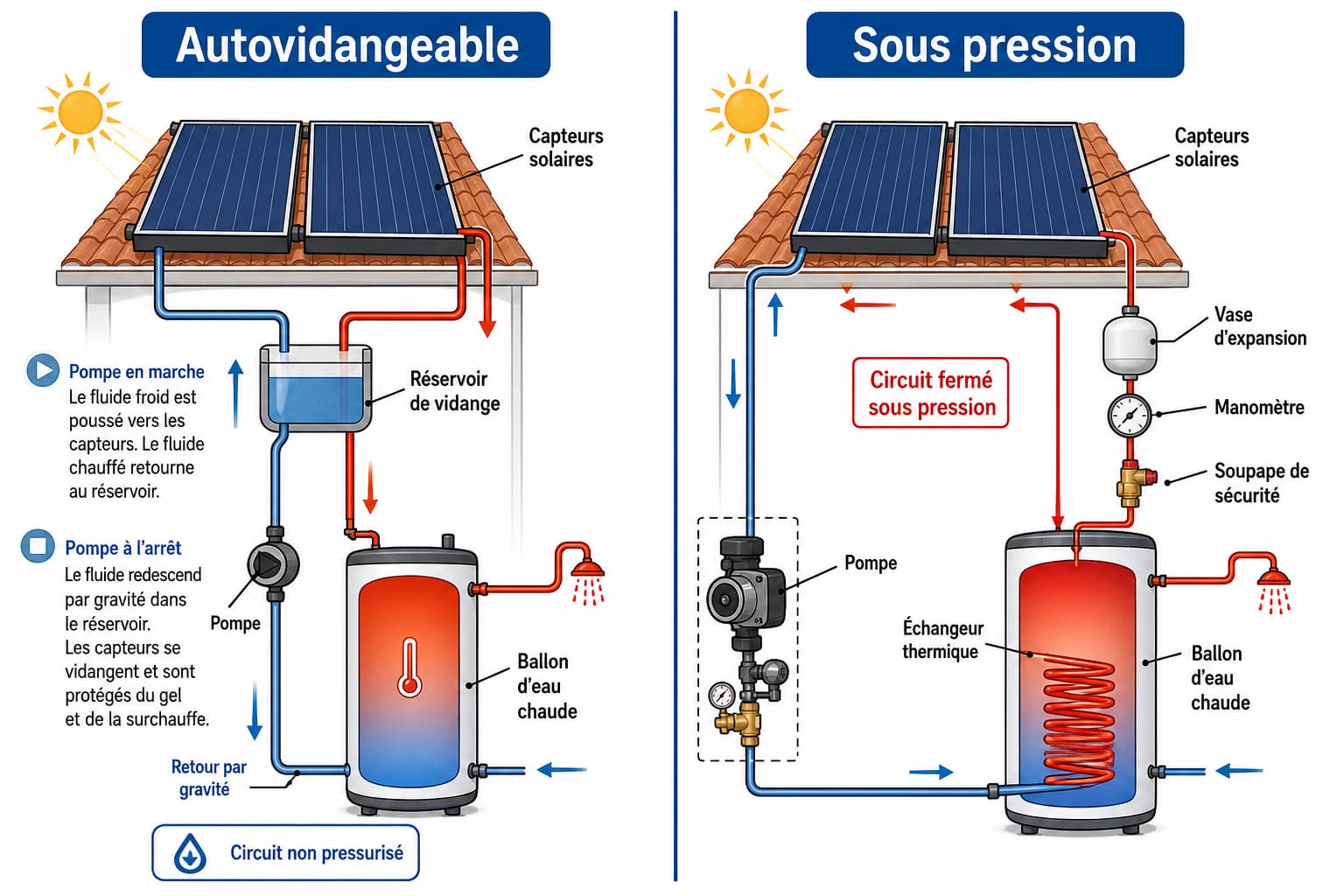 Diagramme éducatif en écran partagé comparant un chauffe-eau solaire autovidangeable et un système sous pression, avec le flux de fluide et les étiquettes
