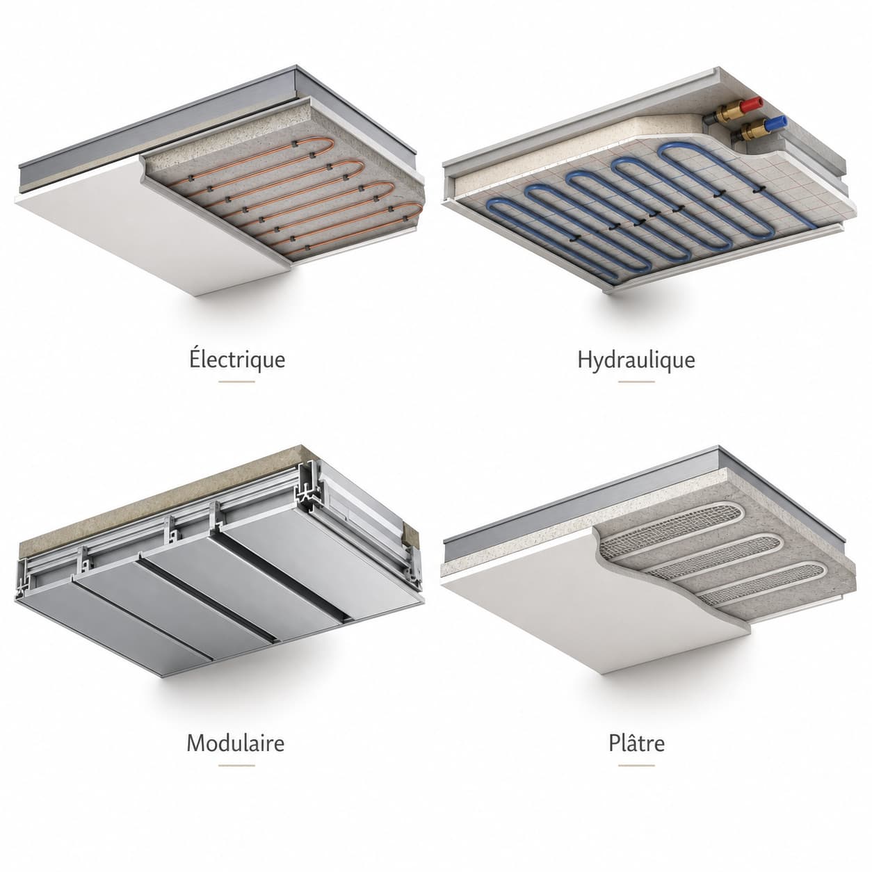 Une grille présentant quatre panneaux rayonnants de plafond avec des étiquettes discrètes
