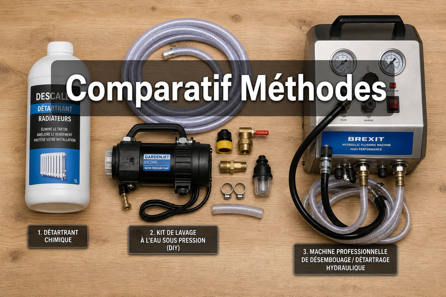 Vue de dessus de trois méthodes de désembouage sur un établi en bois : un flacon de désembouant chimique, un kit de rinçage DIY avec tuyau et pompe, et une machine hydraulique professionnelle, avec le texte superposé