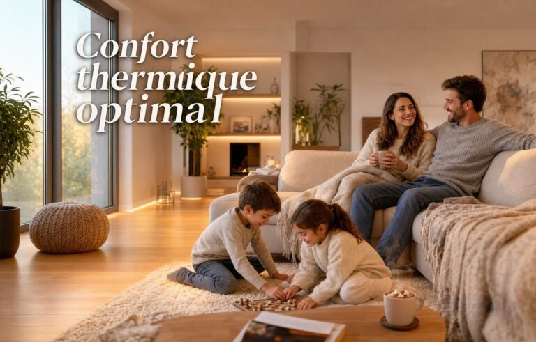 Salon moderne lumineux avec une famille se relaxant sur un canapé, des plaids, une tasse de chocolat chaud sur la table basse, aucun radiateur visible, et le texte 'Confort thermique optimal' superposé avec ombre portée.