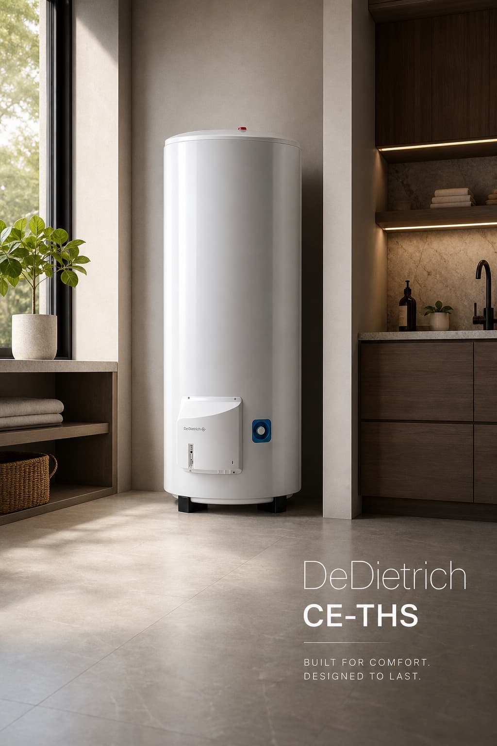 Un chauffe-eau vertical DeDietrich CE-THS 200L en finition argentée dans une cuisine haut de gamme, vu en contre-plongée avec lumière naturelle et texte superposé