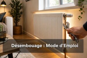 Coin de salon moderne avec radiateur à panneau lisse, main réglant une valve avec une clé, lueur chaude, et texte superposé 'Désembouage : Mode d'Emploi'.