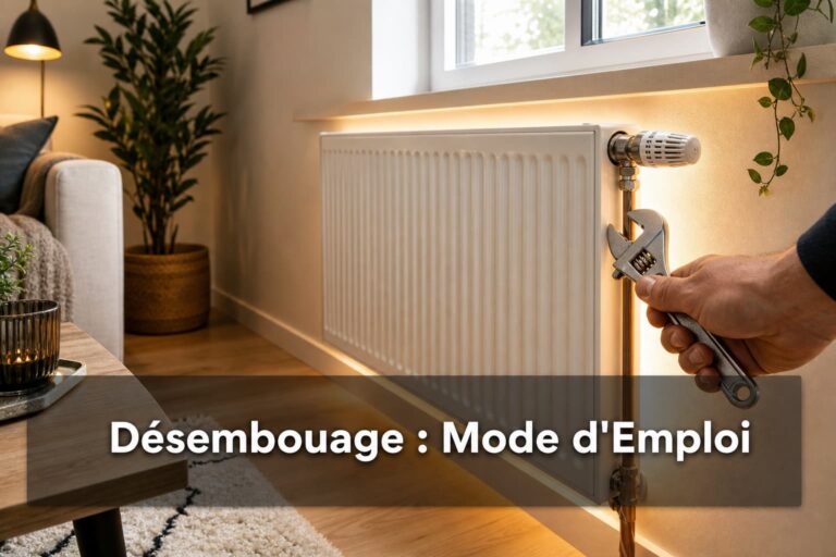 Coin de salon moderne avec radiateur à panneau lisse, main réglant une valve avec une clé, lueur chaude, et texte superposé 'Désembouage : Mode d'Emploi'.