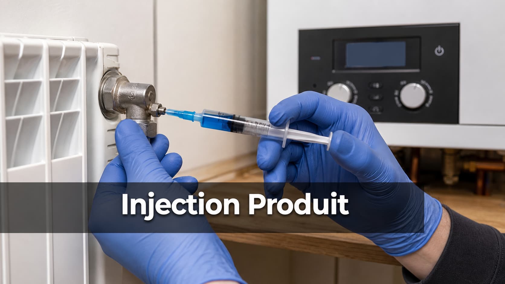 Vue en gros plan de mains gantées injectant un produit chimique bleu dans une valve de radiateur avec une seringue, un boiler éteint en arrière-plan et le texte