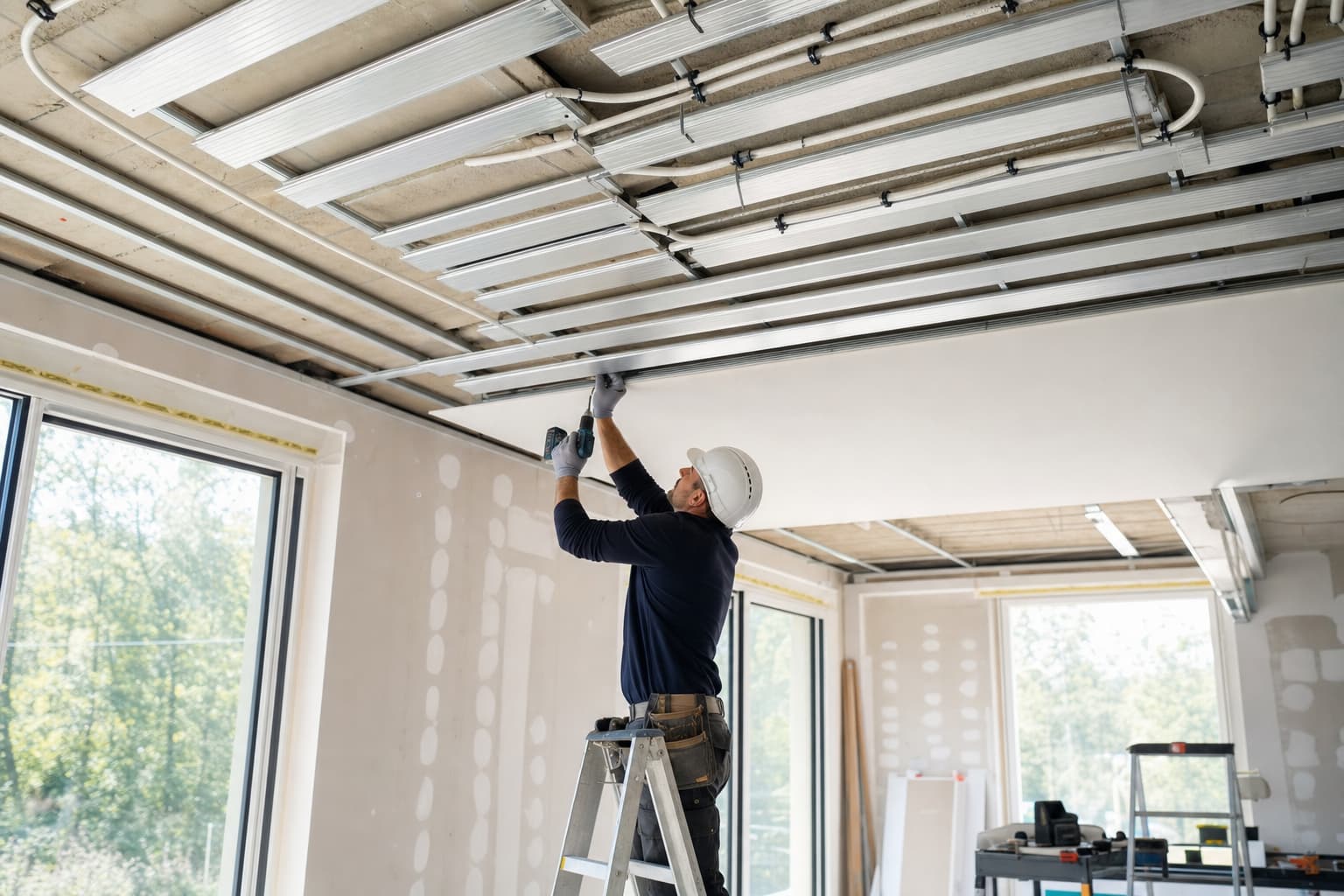 Un professionnel sur un escabeau installe un panneau blanc au plafond d