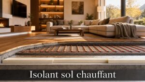 Photographie éditoriale montrant un salon moderne avec une vue en coupe dévoilant les couches isolantes d'un plancher chauffant, texte 'Isolant sol chauffant' en surimpression.