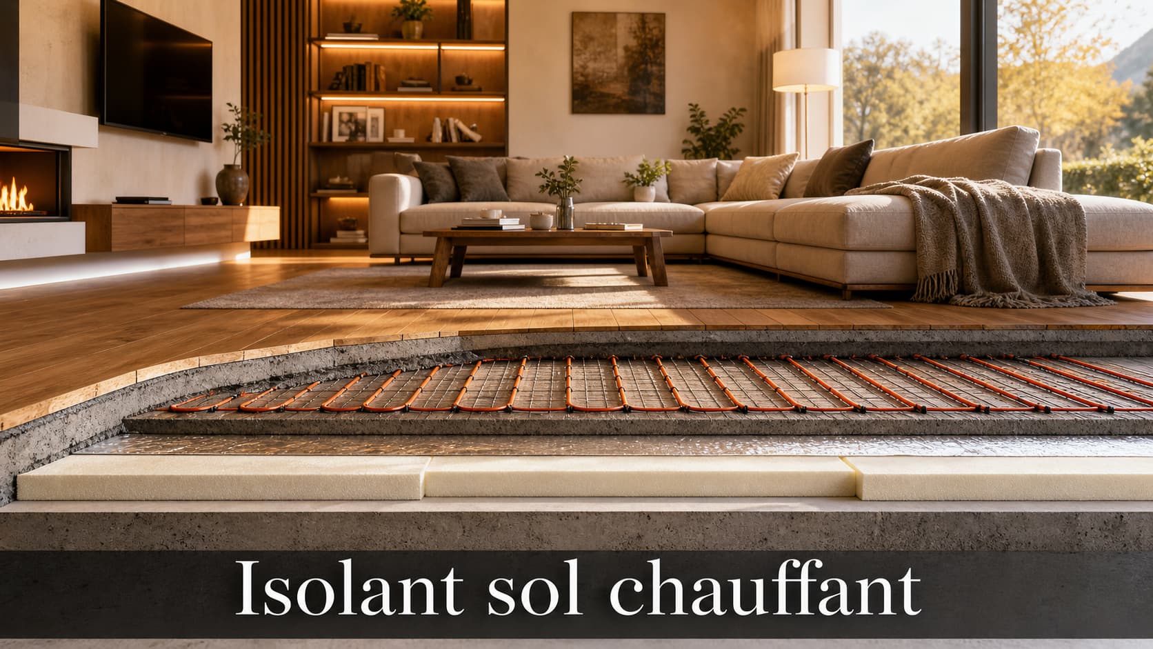 Photographie éditoriale montrant un salon moderne avec une vue en coupe dévoilant les couches isolantes d