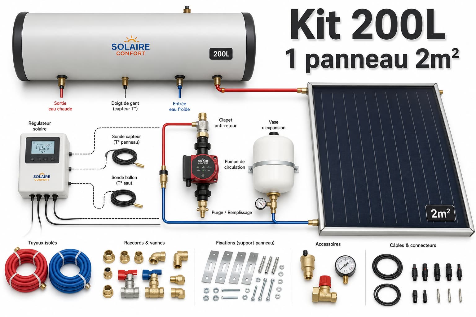 Kit complet de chauffe-eau solaire avec réservoir de 200 litres et panneau solaire de deux mètres carrés, disposé à plat sur fond blanc, montrant les connexions, avec texte superposé