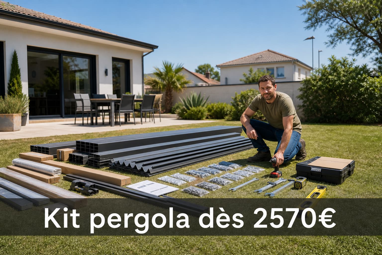 Kit de pergola bioclimatique en pièces détachées étalées dans un jardin résidentiel, un bricoleur avec des outils à proximité, sous un ciel dégagé, et un bandeau sombre avec le texte