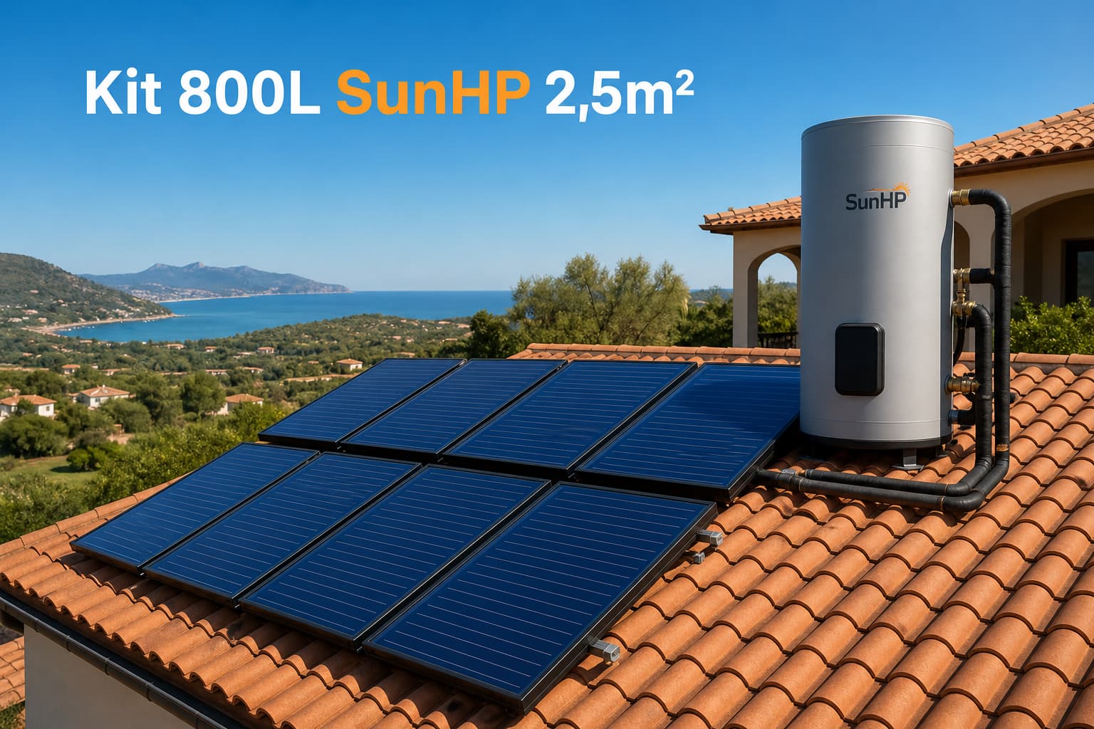 Système de chauffe-eau solaire complet avec réservoir de 800L et panneaux solaires SunHP 2,5m² sur un toit en tuiles, vue panoramique, journée ensoleillée, texte superposé