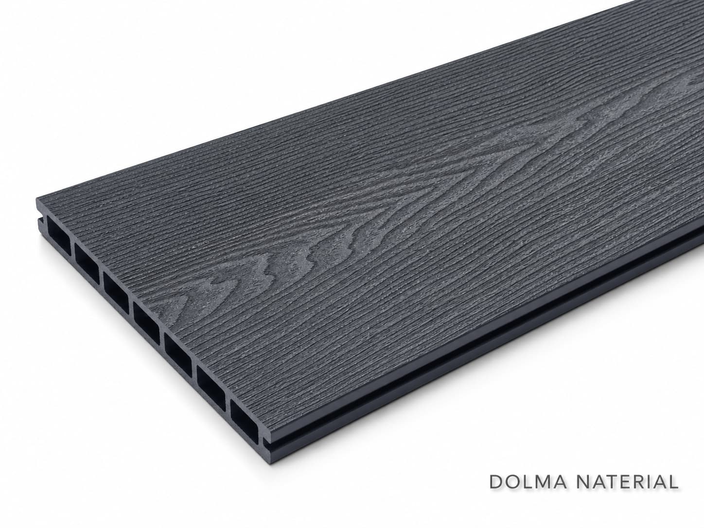 Lame de terrasse composite anthracite de marque Dolma Naterial avec texture bois et texte superposé