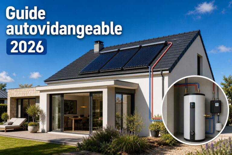 Maison moderne avec panneaux solaires thermiques sur le toit, reliée à un ballon d'eau chaude, sous un ciel bleu ensoleillé, avec le texte 'Guide autovidangeable 2026' en surimpression.