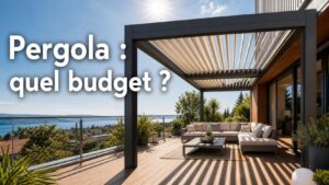 Pergola bioclimatique moderne en aluminium sur une terrasse ensoleillée avec toit à lames partiellement ouvert projetant des ombres sur un plancher en bois, mobilier de jardin confortable en dessous, et texte superposé 'Pergola : quel budget ?' avec ombre portée.