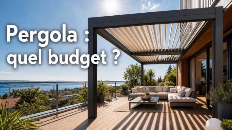 Pergola bioclimatique moderne en aluminium sur une terrasse ensoleillée avec toit à lames partiellement ouvert projetant des ombres sur un plancher en bois, mobilier de jardin confortable en dessous, et texte superposé 'Pergola : quel budget ?' avec ombre portée.
