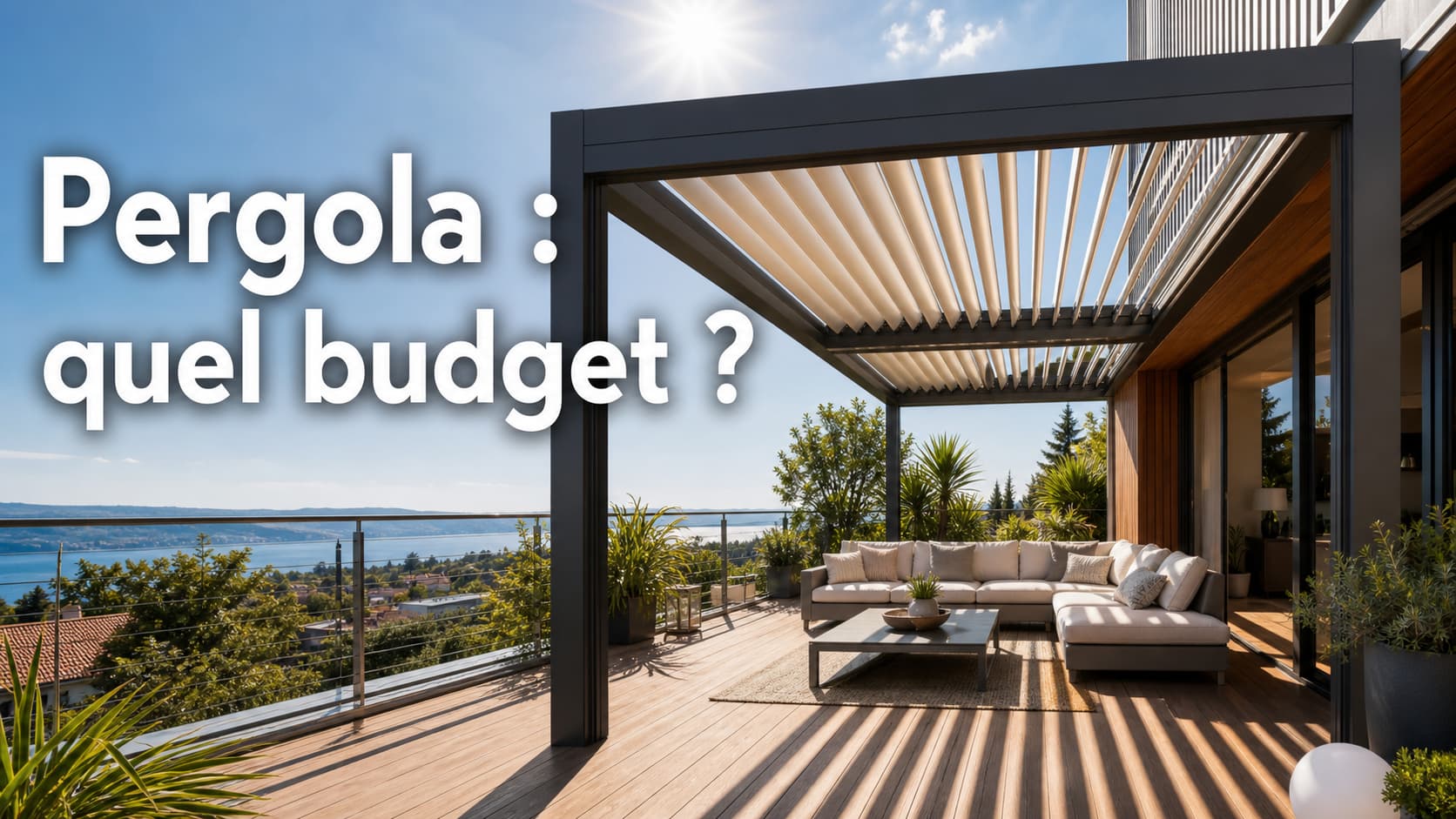 Pergola bioclimatique moderne en aluminium sur une terrasse ensoleillée avec toit à lames partiellement ouvert projetant des ombres sur un plancher en bois, mobilier de jardin confortable en dessous, et texte superposé